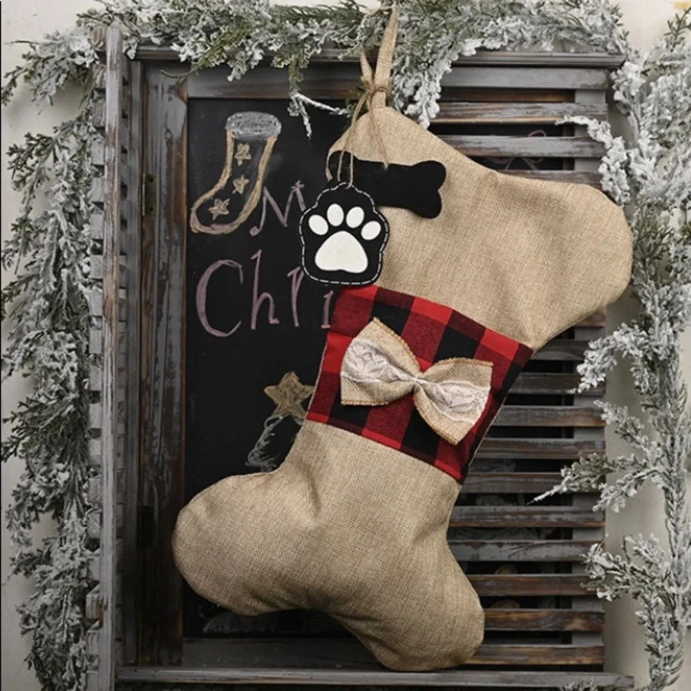 Christmas Decorations Linen Lattice Bone Socks Pendant Candy Bag - Picture 4 of 7